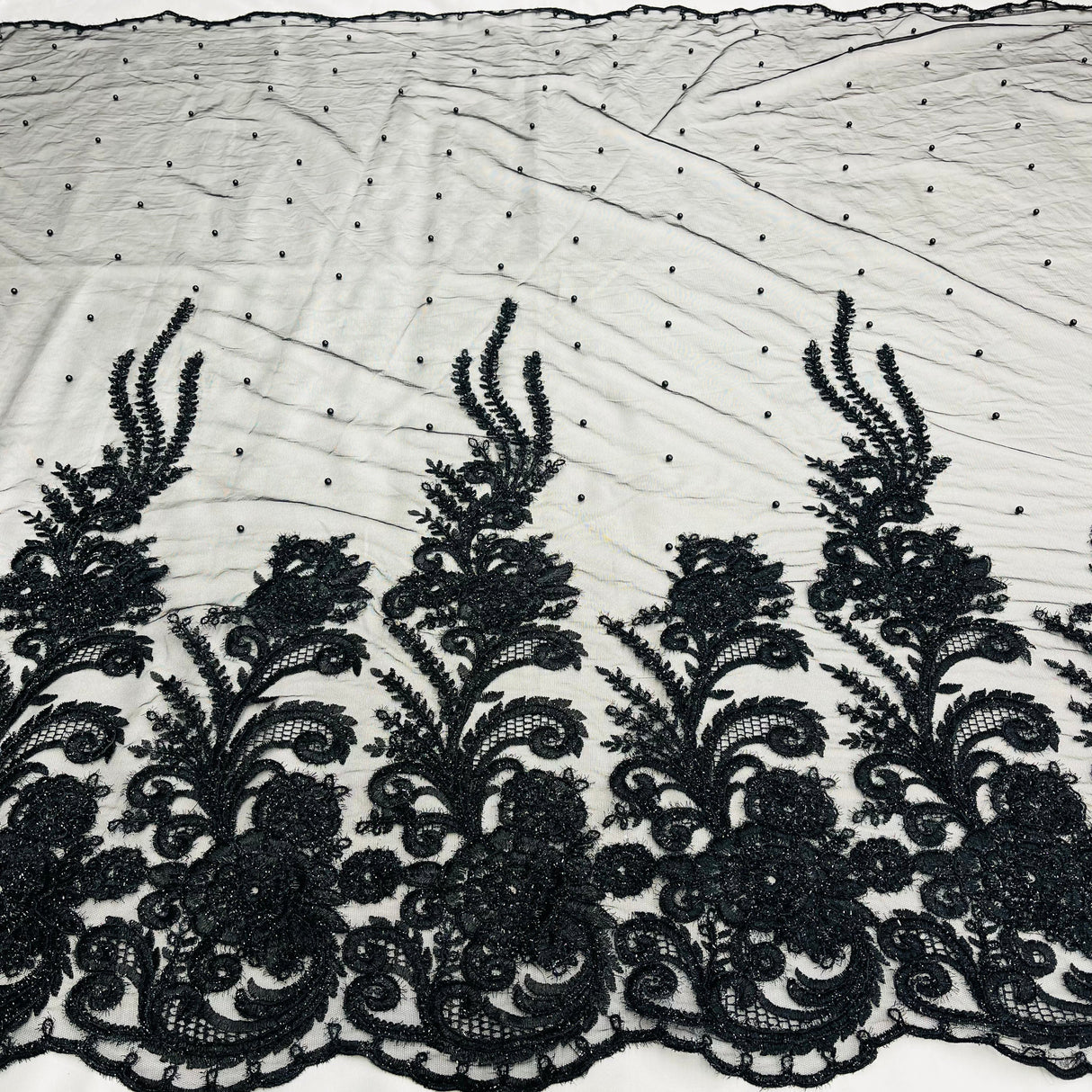 Beaded & Corded Bridal Lace Polyester Fabric - Black, 56" Width (1 Yard)
