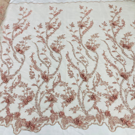 1 Yard Exquisite Beaded 3D Floral Lace Fabric Embroidered on Polyester Net Mesh