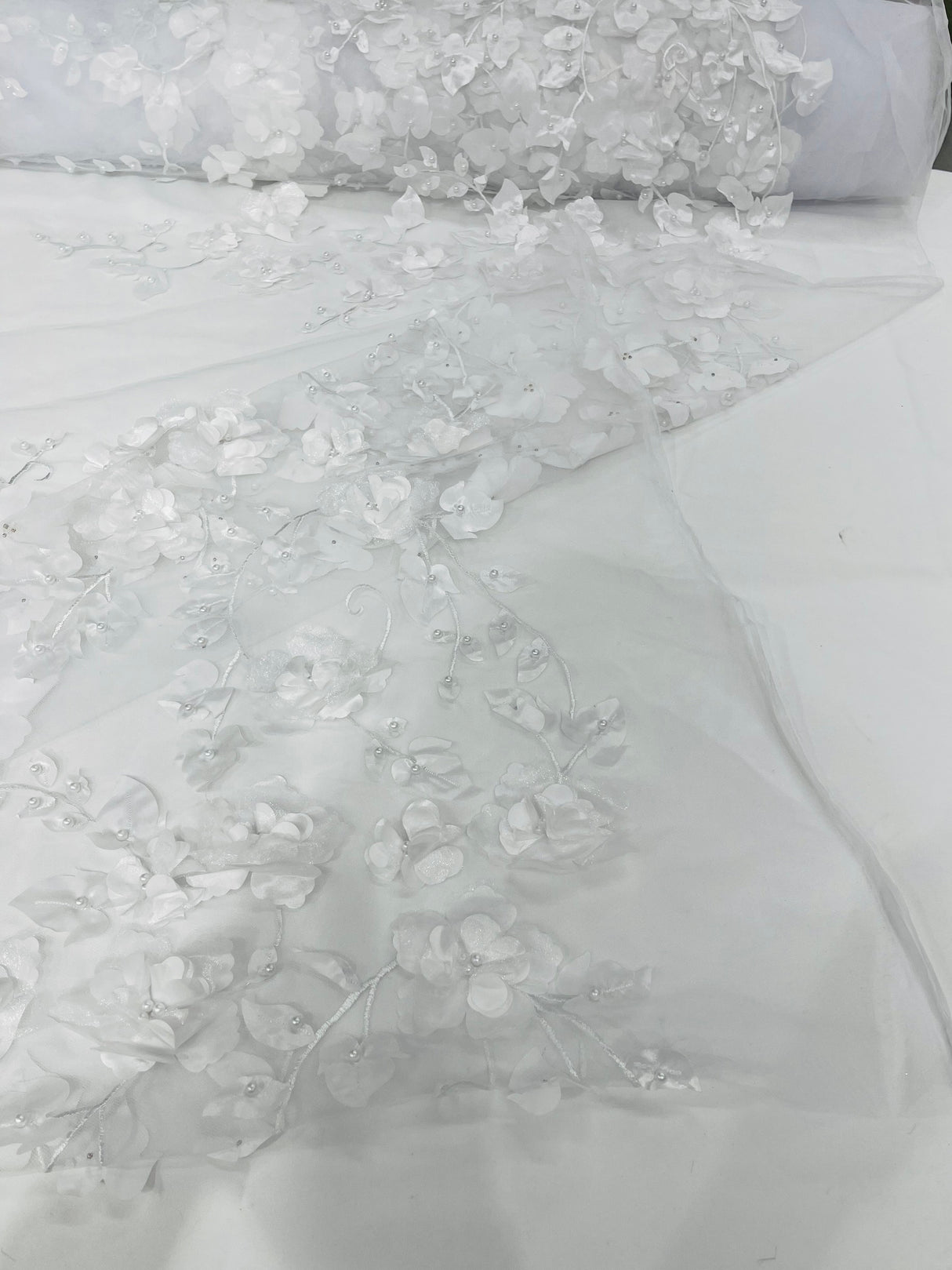 Orquidia 3D Floral Design Embroidered With Pearls Lace Fabric - 3D Floral Mesh Lace, 54" Width (1 Yard)