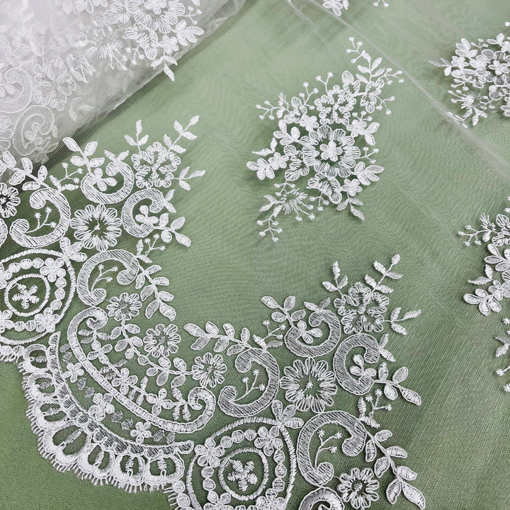 1 Yard Luxurious Corded Embroidered Bridal Lace Fabric for Couture Dresses White