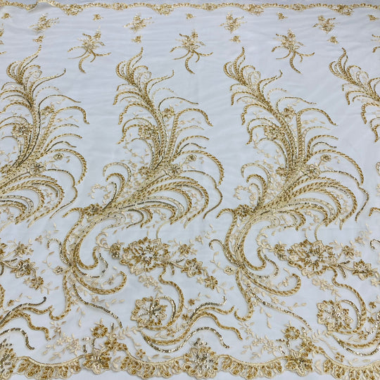 1 Yard Beaded Corded Bridal Lace Fabric Embroidered 100 Percent Polyester Net Mesh 52 inch Width