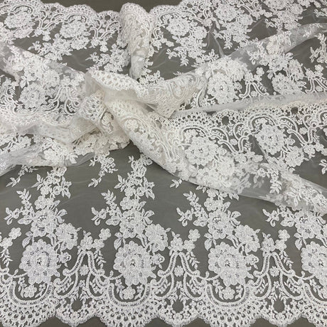 1 Yard Ivory Beaded and Corded Bridal Lace Fabric Embroidered on Polyester Net Mesh 48 Inch Width