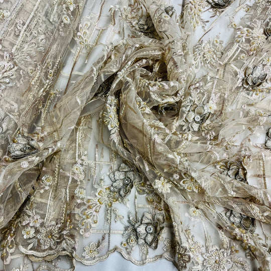 1 Yard Beaded Rhinestone 3D Floral Lace Fabric Embroidered 100 Percent Polyester Net Mesh 50 inch Width