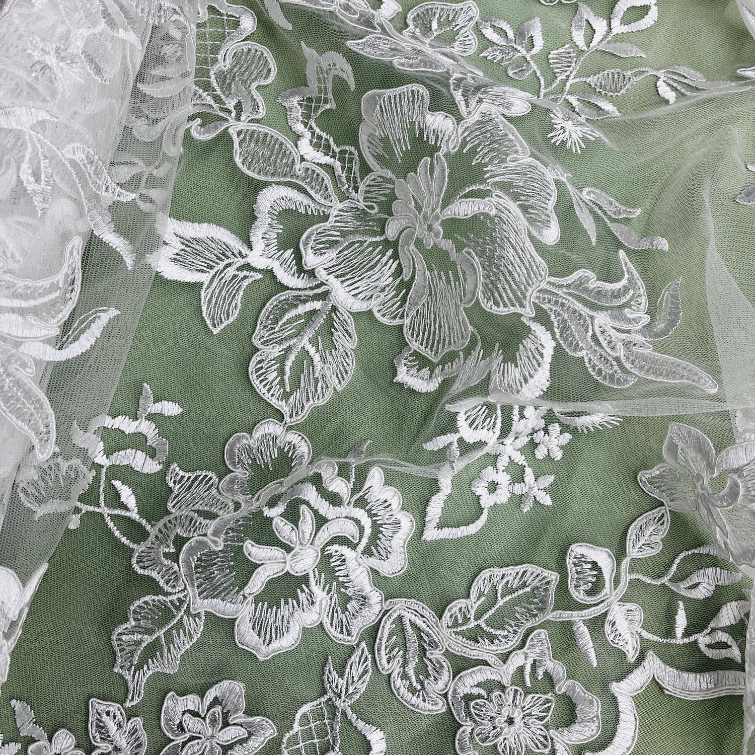 1 Yard Corded Bridal Lace Fabric Embroidered on Polyester Net Mesh 53 inch Width