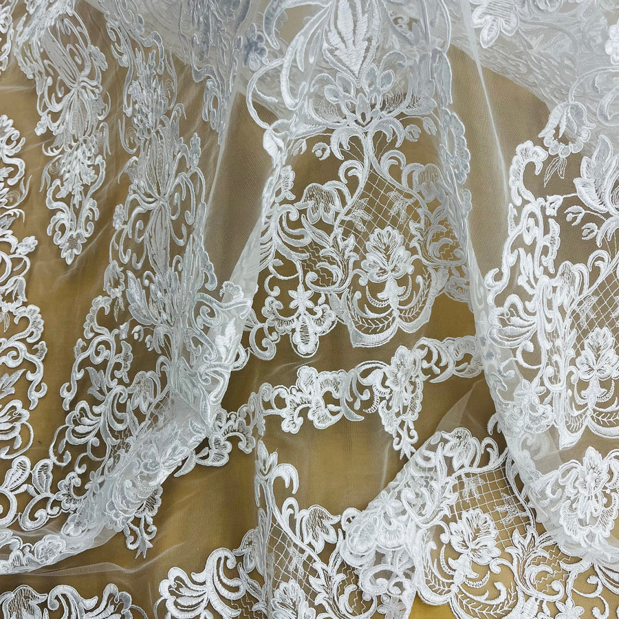 1 Yard Corded Bridal Lace Fabric Embroidered on 100 Percent Polyester Net Mesh 53 Inch Width