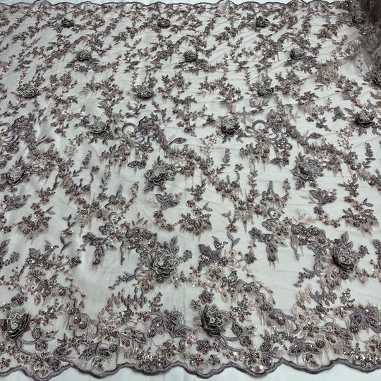 1 Yard Beaded Rhinestone 3D Floral Lace Fabric Embroidered 100 Percent Polyester Net Mesh 50 inch Width
