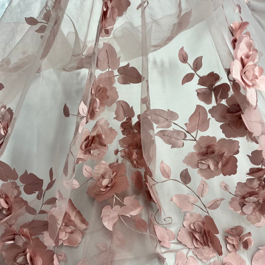 1 Yard - 3D Floral Lace Fabric Embroidered on 100% Polyester Soft Tulle Net Mesh
