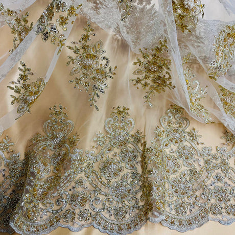 1 Yard Regal Beaded and Corded Lace Fabric with Scallops Embroidered on Polyester Net Mesh