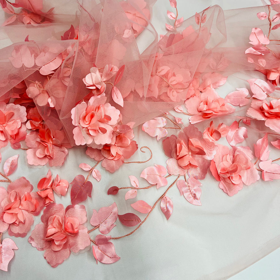 1 Yard - 3D Floral Lace Fabric Embroidered on 100% Polyester Soft Tulle Net Mesh