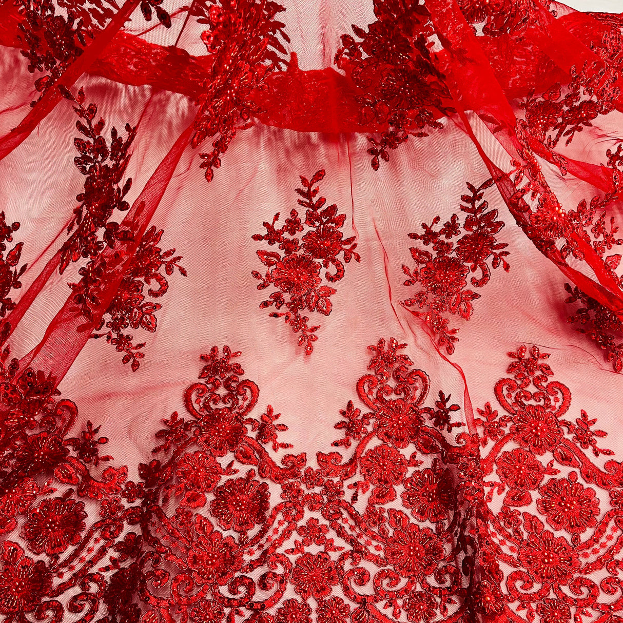 Beaded Corded Lace Fabric With Scallops