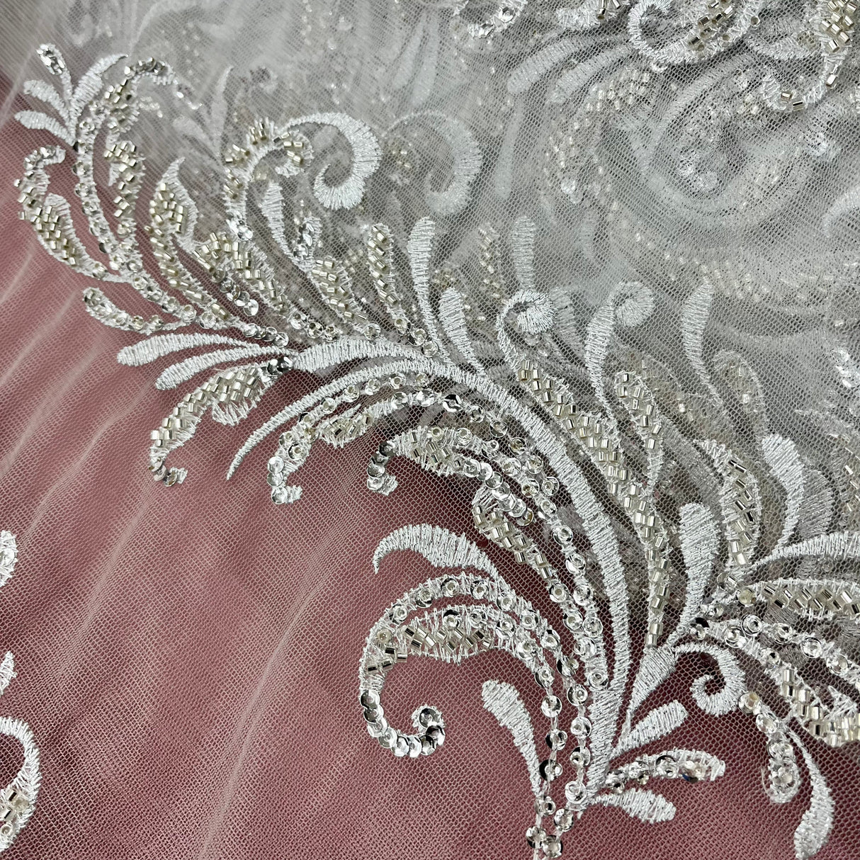 Beaded Lace Fabric on Polyester Net Mesh