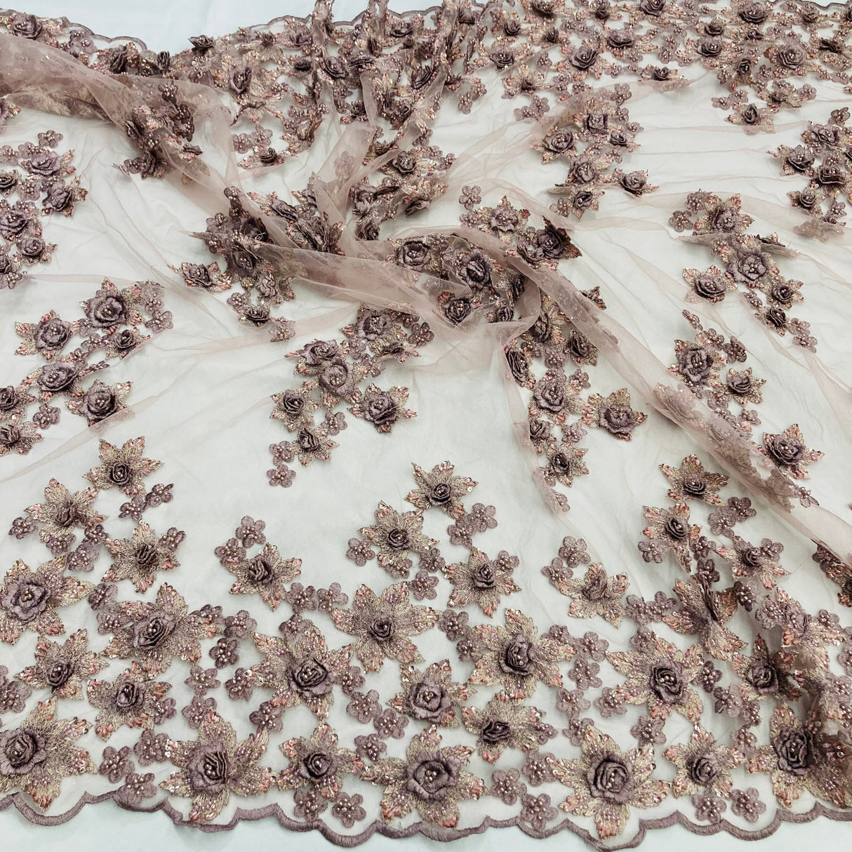 Beaded 3D Floral Lace Fabric