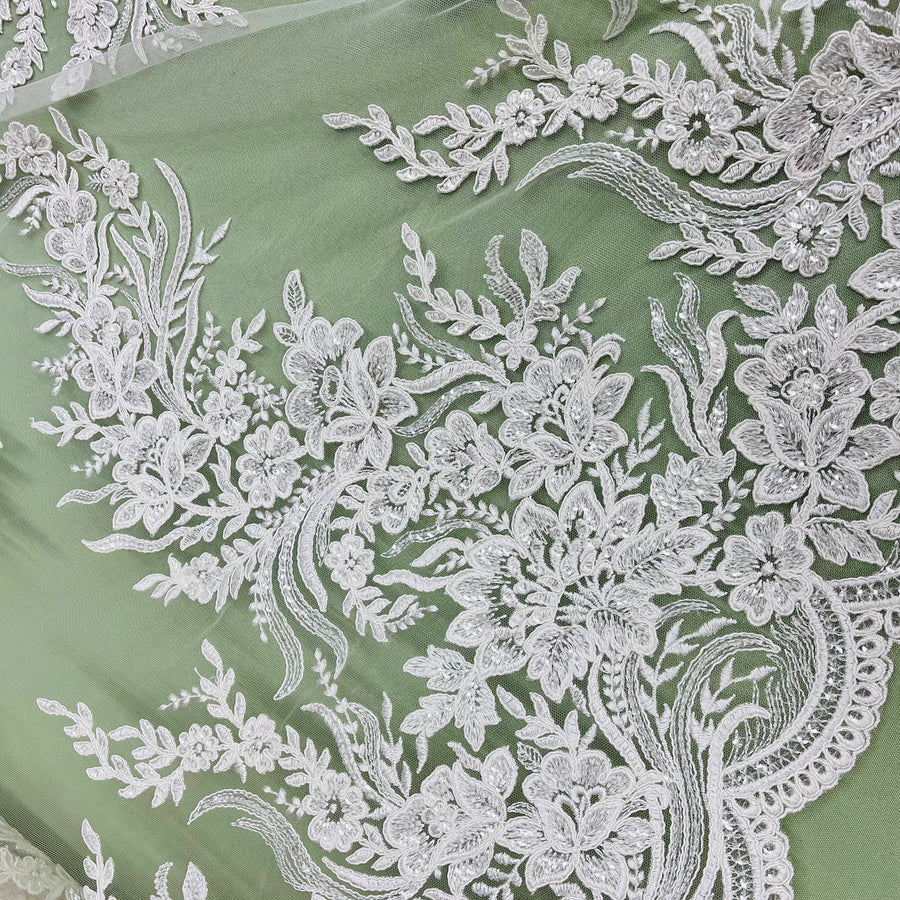 1 Yard Elegant Beaded and Corded Bridal Lace Fabric Embroidered on 100% Polyester Net Mesh White