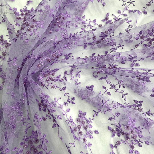 1 Yard Silver Beaded Lace Fabric Embroidered on Polyester Net Mesh for Couture Wedding and Evening Dresses – 53"