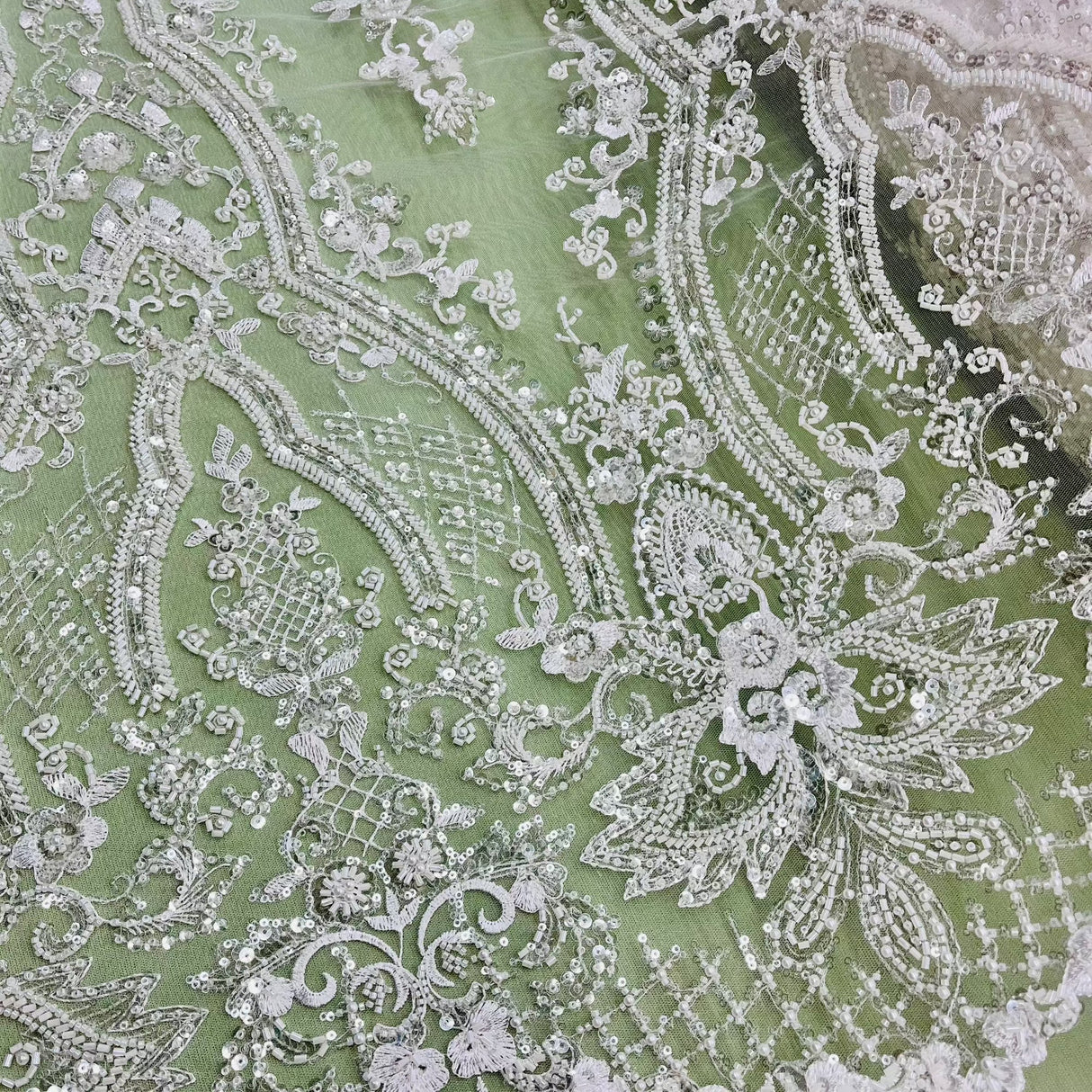 Beaded Lace Fabric on Polyester Net Mesh