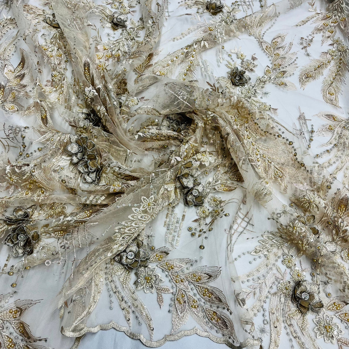1 Yard Beaded Rhinestone 3D Floral Lace Fabric Embroidered 100 Percent Polyester Net Mesh 50 inch Width