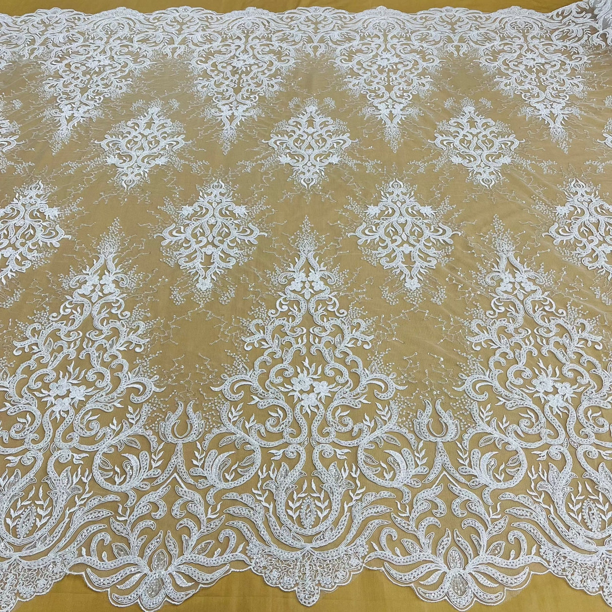 1 Yard Beaded & Corded Bridal Lace Fabric, White, Ivory, Champagne, and Blush