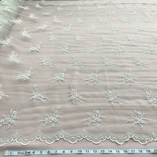 1 Yard Beaded Lace Fabric Embroidered on 100% Polyester Net Mesh | Lace USA - 31393W-BP - Ivory - 52" Wide