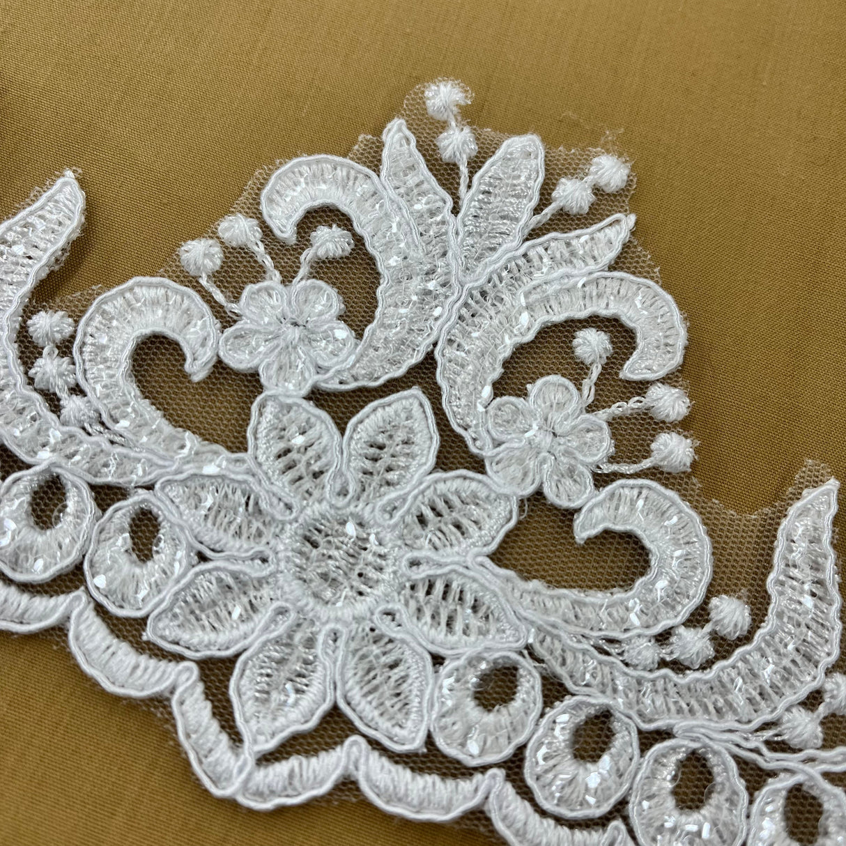 Beaded Corded Floral Lace Trimming Polyester Fabric - Embroidered Net Mesh, 3.5" Width (1 Yard)