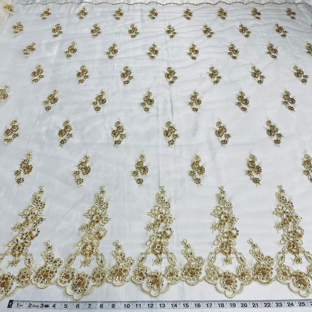 1 Yard Beaded Corded Bridal Lace Fabric Embroidered on Polyester Net Mesh 52 Inch Width