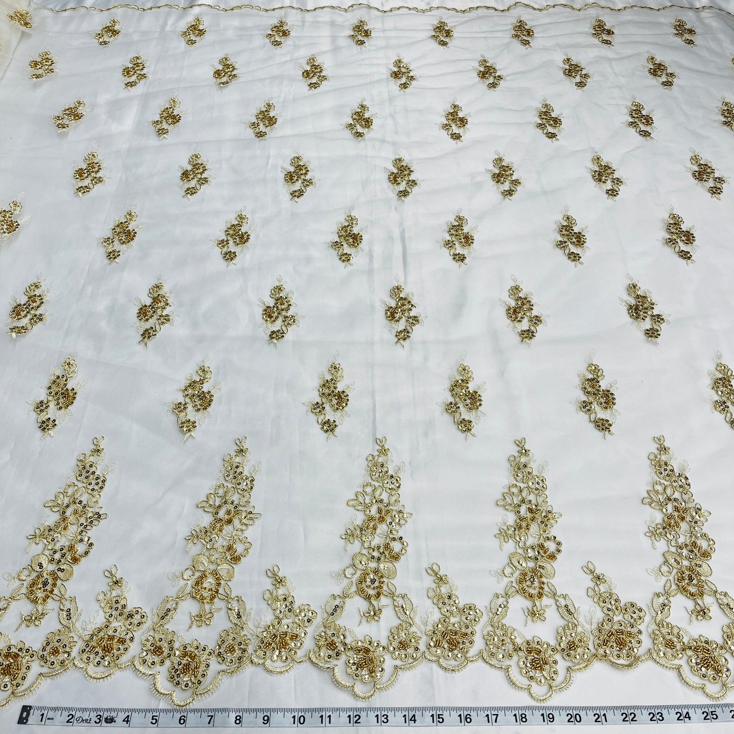 1 Yard Beaded Corded Bridal Lace Fabric Embroidered on Polyester Net Mesh 52 Inch Width