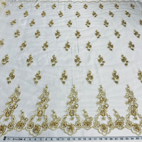 1 Yard Beaded Corded Bridal Lace Fabric Embroidered on Polyester Net Mesh 52 Inch Width