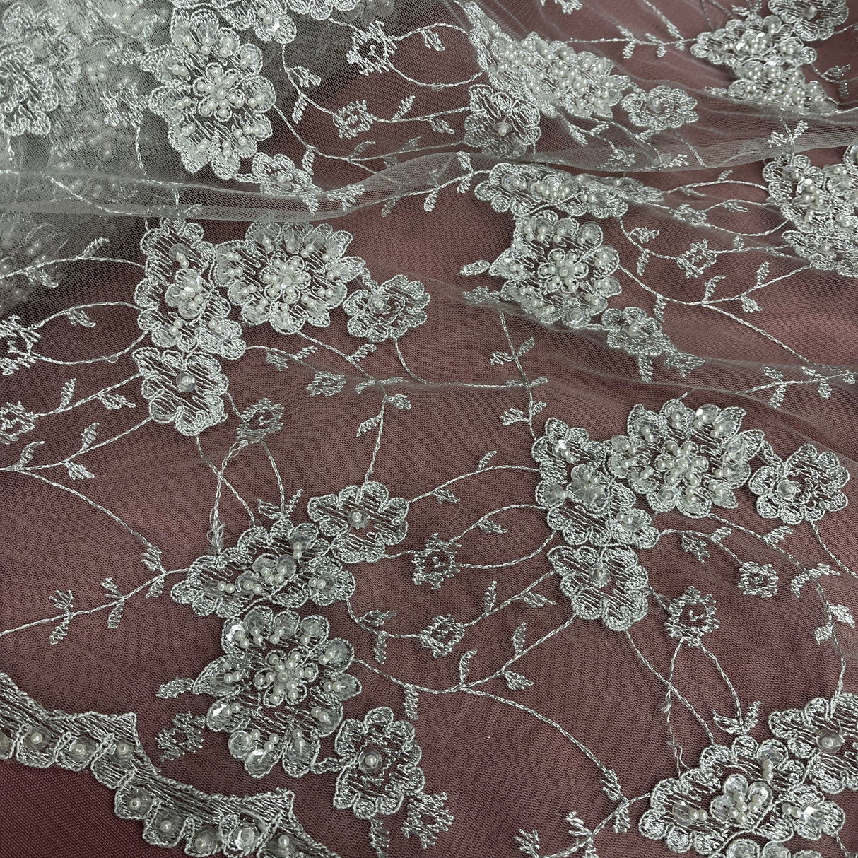 Beaded Corded Lace Fabric 100% Polyester Net Mesh 52"