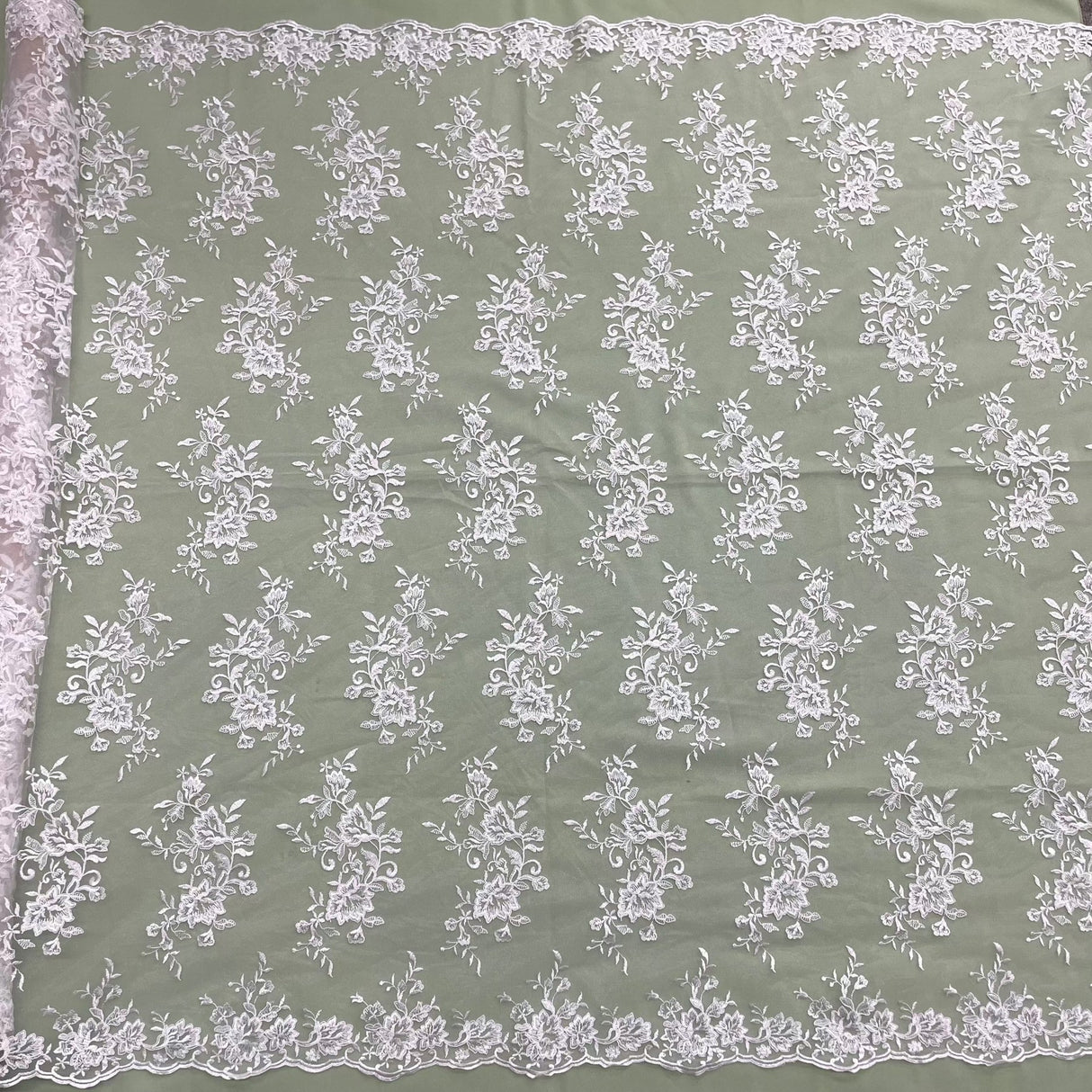 1 Yard Corded Bridal Lace Fabric Embroidered on 100% Polyester Net Mesh – 53"