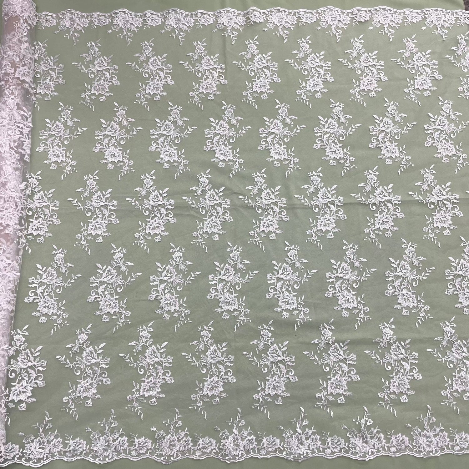 1 Yard Corded Bridal Lace Fabric Embroidered on 100% Polyester Net Mesh – 53"