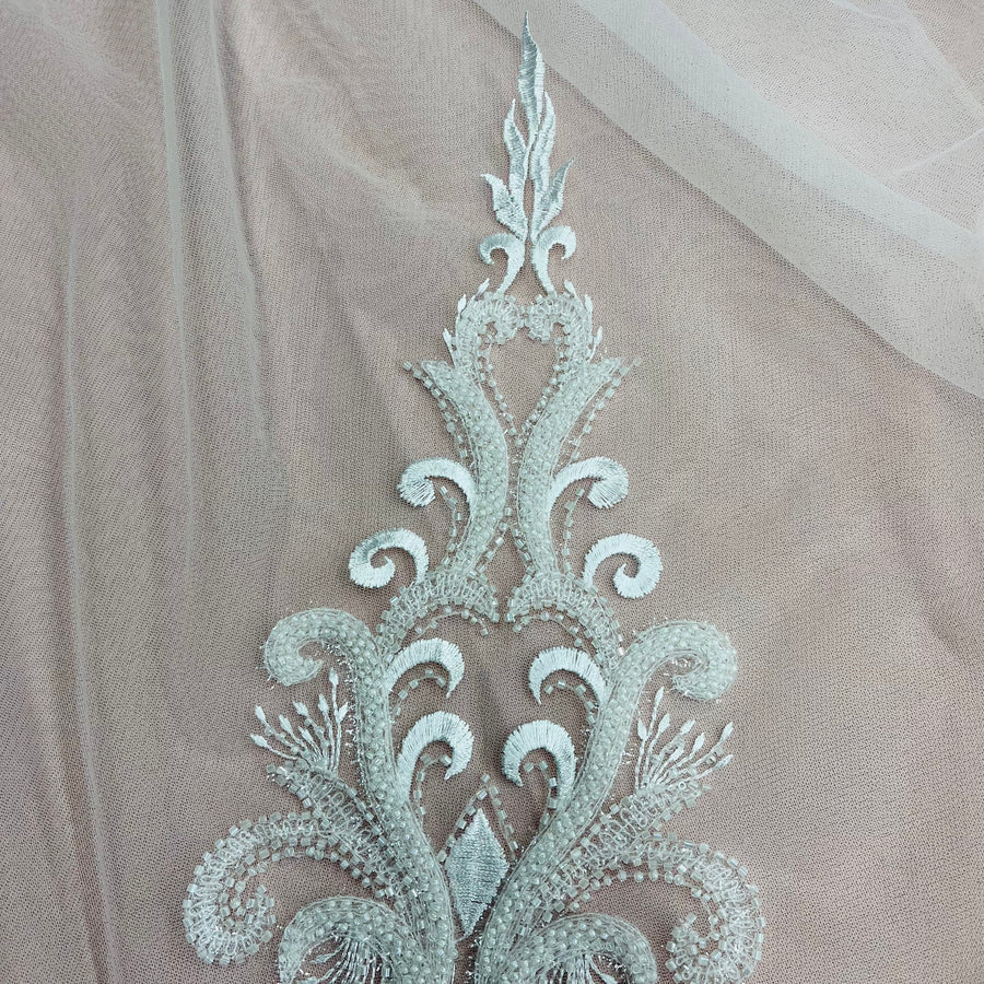 1 Yard Beaded Lace Fabric Embroidered with Fuzzy Thread on Polyester Net Mesh 49" Width