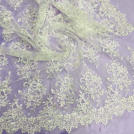 1 Yard Corded Bridal Lace Fabric Embroidered on 100% Polyester Net Mesh White