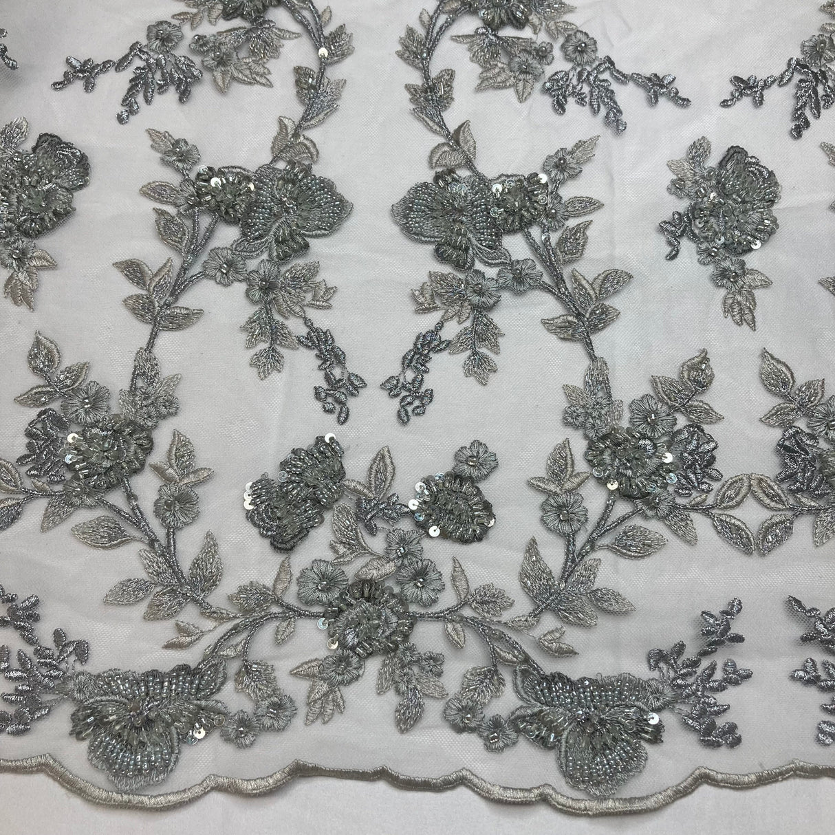 Beaded Lace Fabric - Embroidered On 100 Percent Polyester Net Mesh, Lt. Sage/Dark Sage, 54" Width (1 Yard)