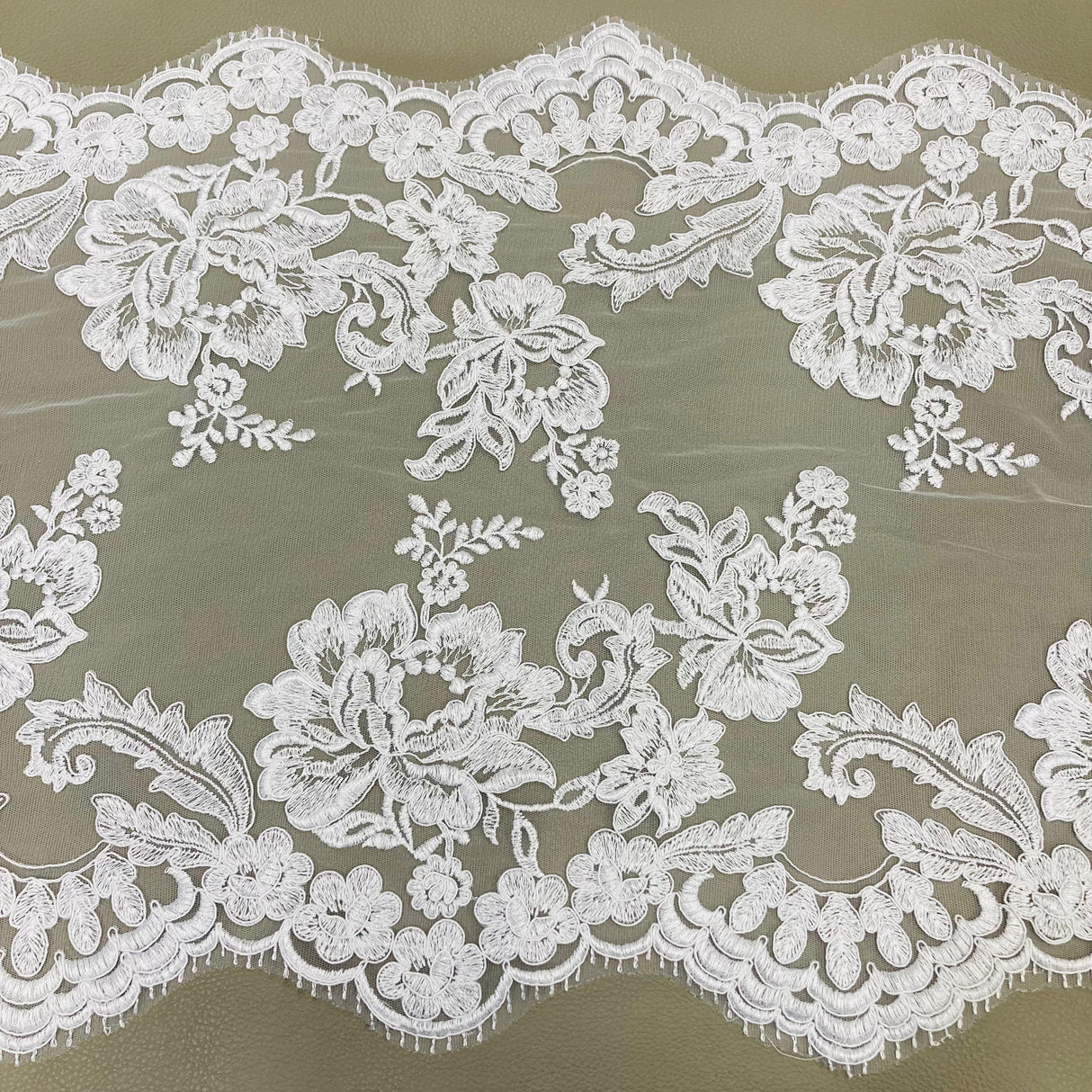 Double Sided Floral Lace Trimming Corded Embroidered On 100 Percent Polyester Net Mesh Fabric - Floral Corded Embroidered Lace Trim, 17.5" Width (1 Yard)