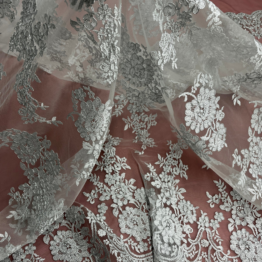 1 Yard Corded Bridal Lace Fabric Embroidered on Polyester Net Mesh