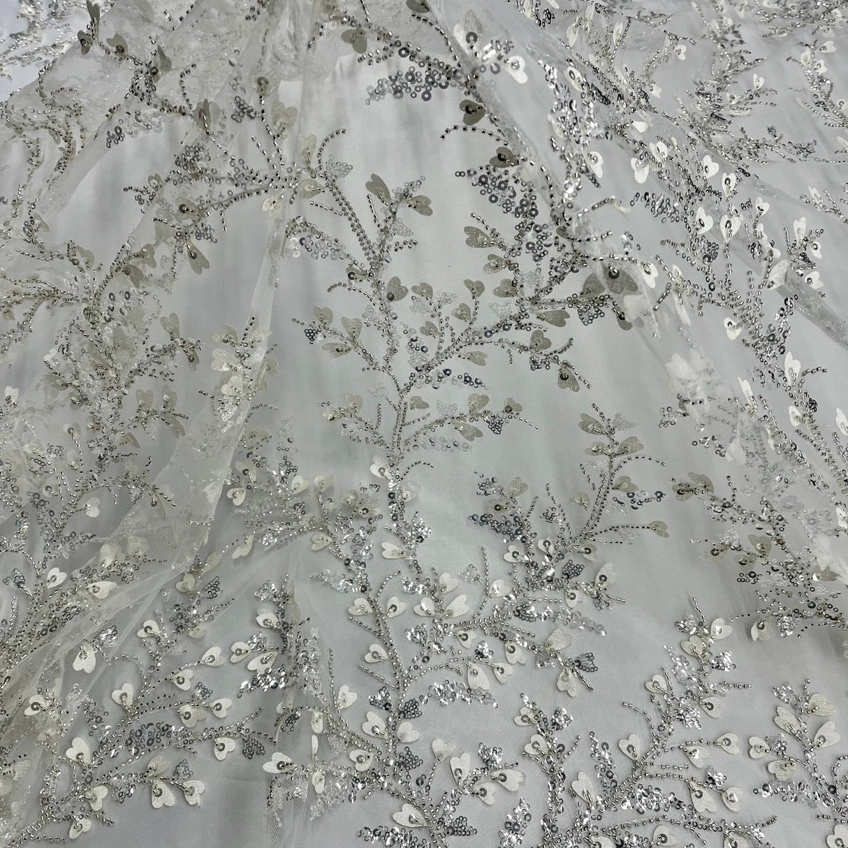 Beaded 3D Floral Lace Fabric Ivory Silver