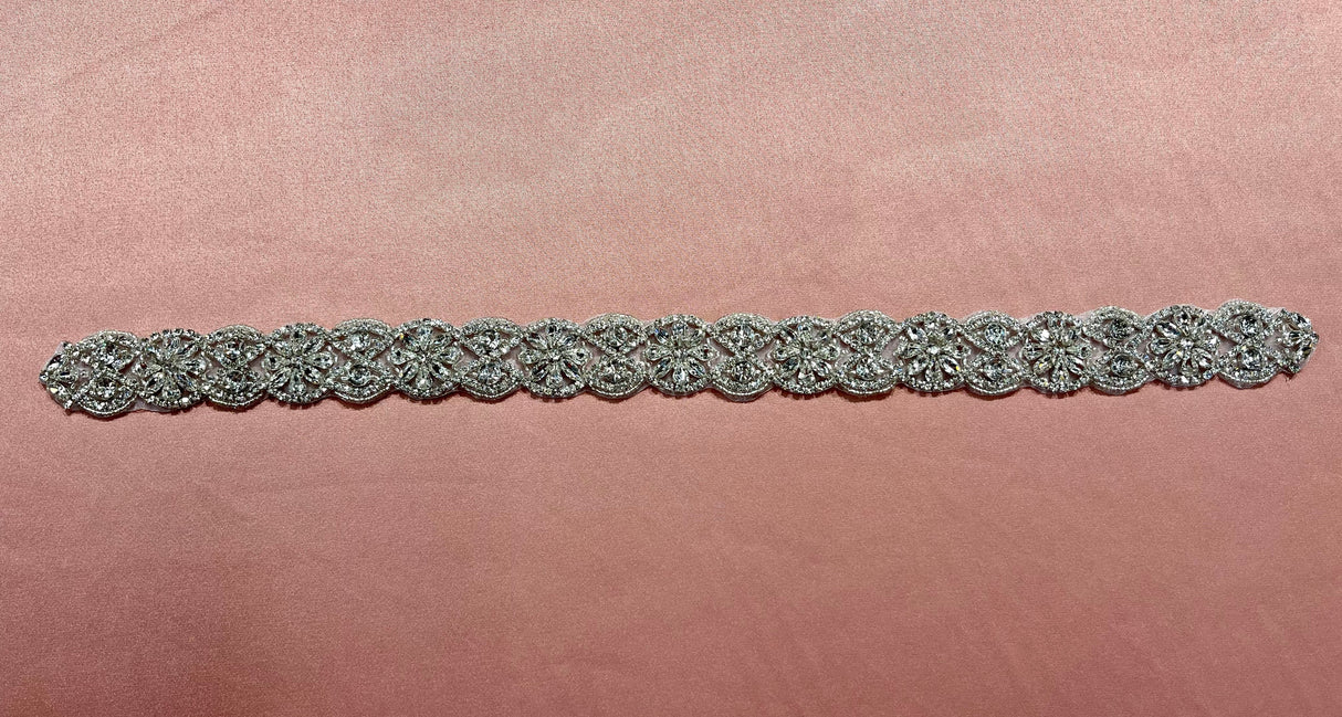 Crystal Floral Bridal Rhinestone Sash Applique Crystal Sash Fabric - Silver Floral Pattern, 18.75" X 1.25" (1 Piece)