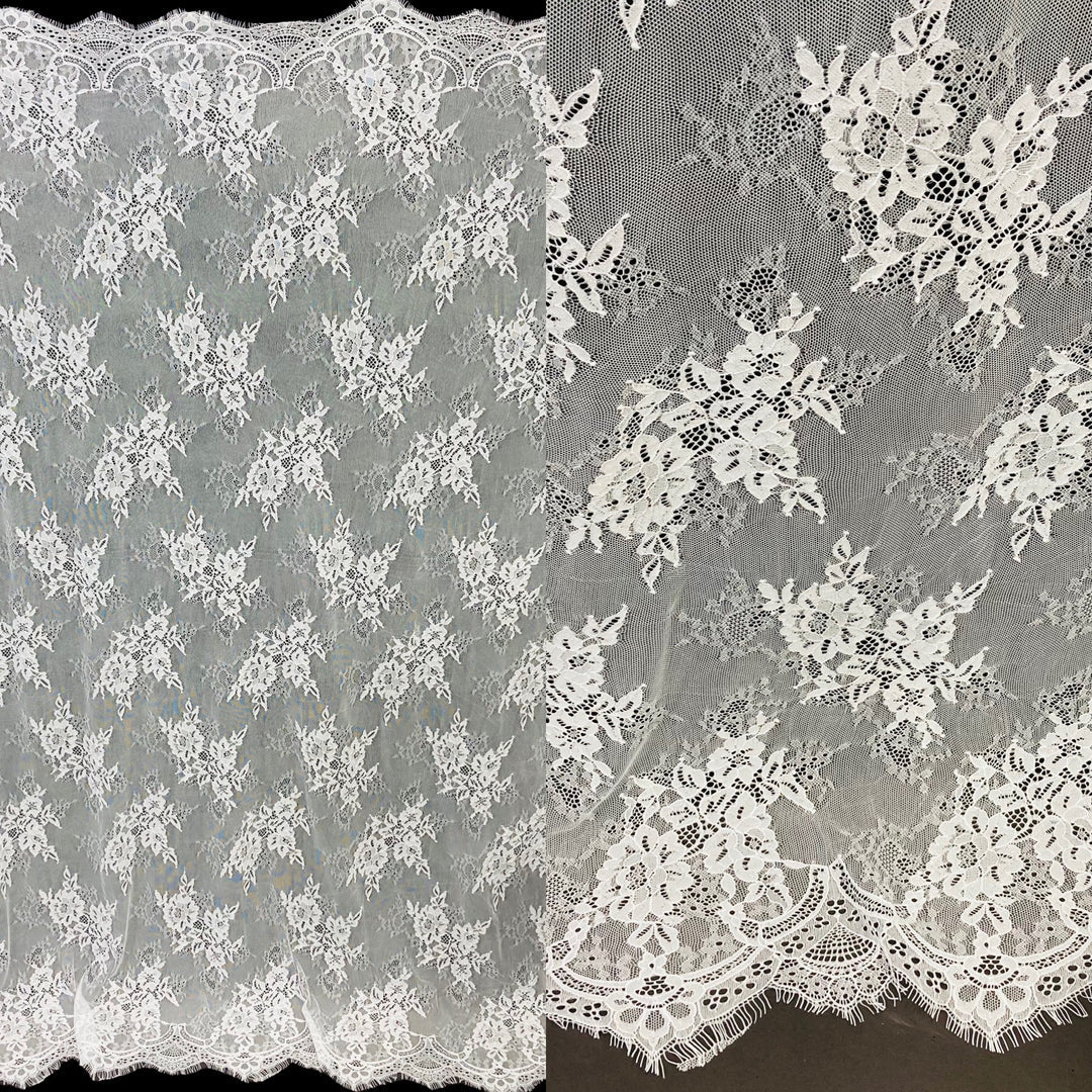 1 Panel Chantilly Embroidered Lace Fabric with Eyelash Scallop – White – 3 Yards x 52"
