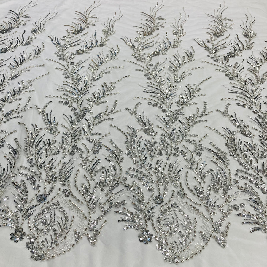 1 Yard Beaded Lace Fabric Embroidered on Polyester Net Mesh White and Ecru