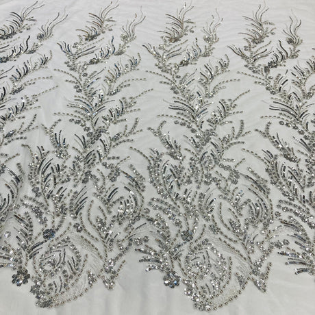 1 Yard Beaded Lace Fabric Embroidered on Polyester Net Mesh White and Ecru