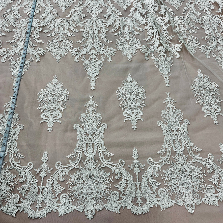 1 Yard Corded Bridal Lace Fabric Embroidered on Polyester Net Mesh