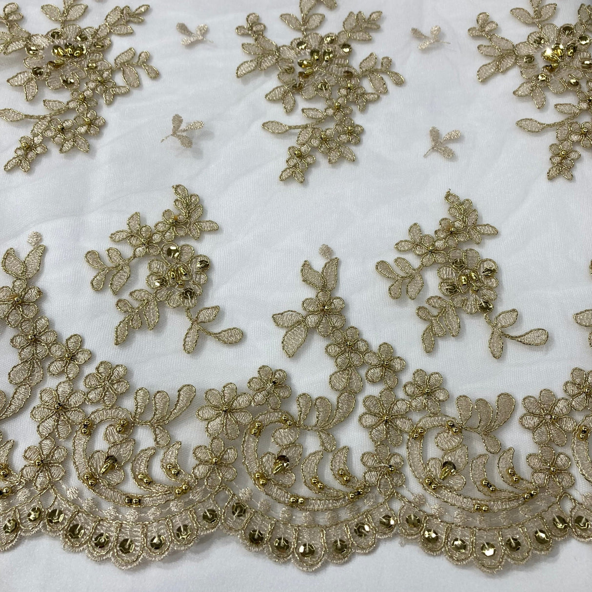 Beaded Corded Floral Lace Fabric 52" Scalloped Edges