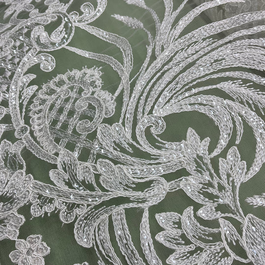 1 Yard Corded & Sequined Bridal Lace Fabric Embroidered on 100% Polyester Net Mesh – Silver – 54"