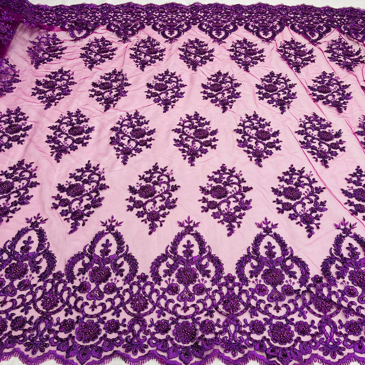 Beaded Corded Bridal Lace Polyester Fabric - Embroidered Net Mesh, Royal Blue, 53" Width (1 Yard)