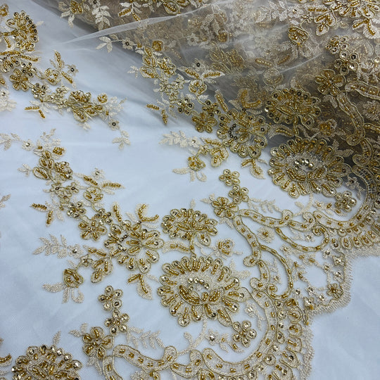 1 Yard Beaded Corded Bridal Lace Fabric Embroidered 100 Percent Polyester Net Mesh 53 inch Width