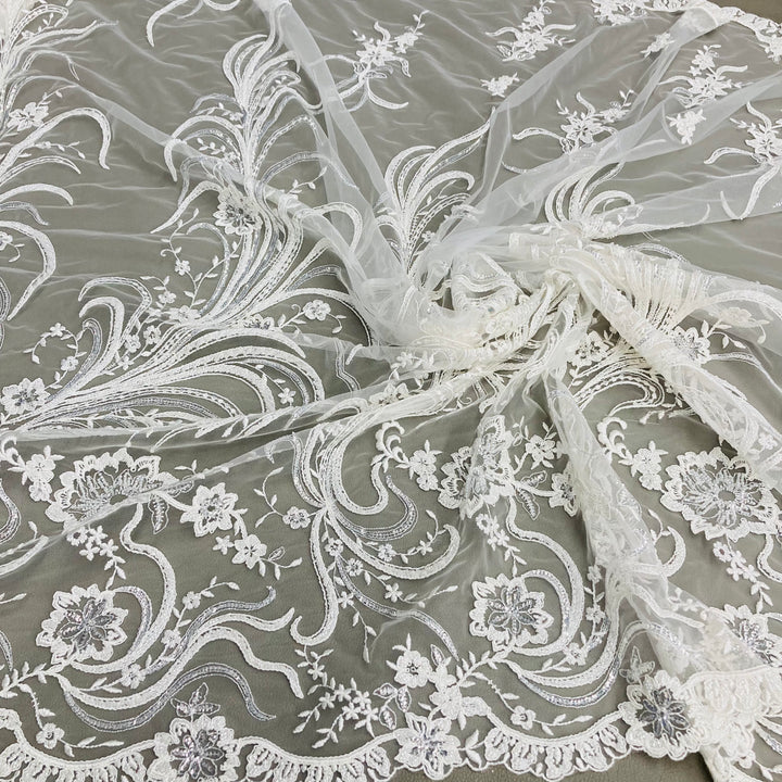 1 Yard Luxurious Beaded and Corded Bridal Lace Fabric Embroidered on 100% Polyester Net Mesh White