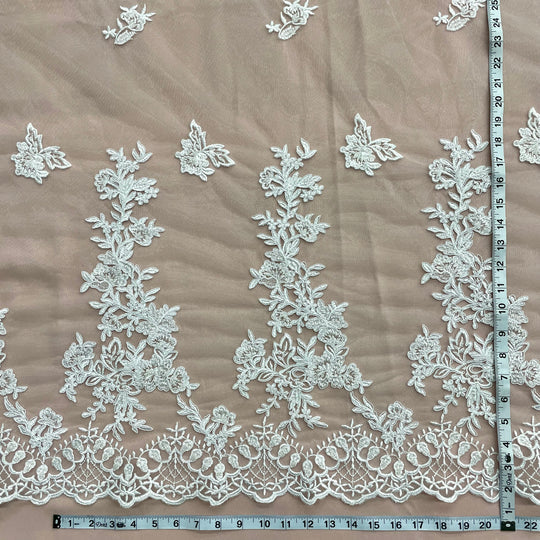 1 Yard Opulent Beaded and Corded Bridal Lace Fabric Embroidered on Polyester Net Mesh