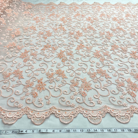 1 Yard - Beaded & Corded Bridal Fabric Lace Embroidered on 100% Polyester Net Mesh - Ivory - 54"