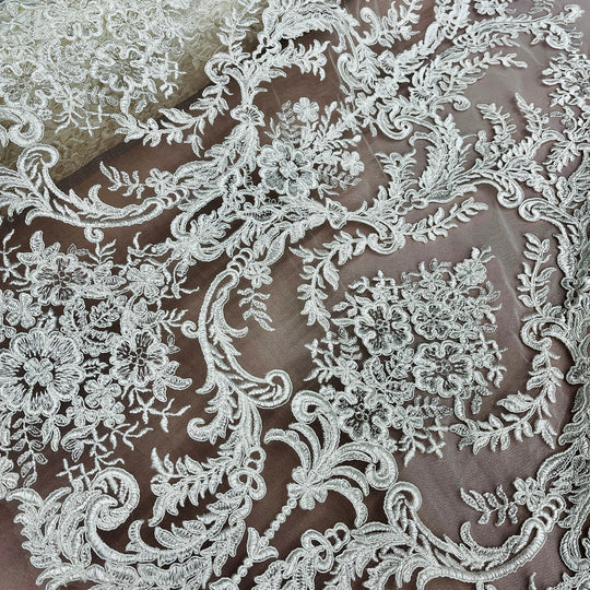 1 Yard Elegant Corded Bridal Lace Fabric Embroidered on Polyester Net Mesh