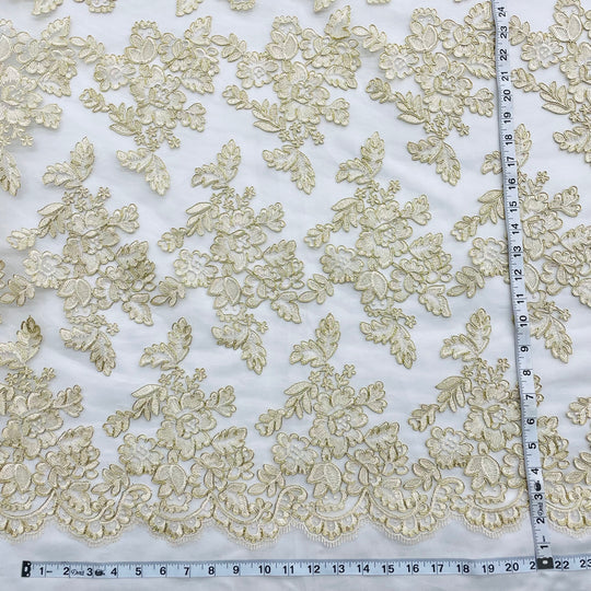 1 Yard Corded Bridal Lace Fabric Embroidered on 100% Polyester Net Mesh – 51"