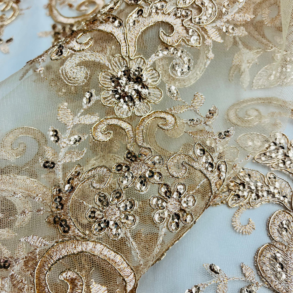 Beaded Corded Bridal Lace Fabric on Polyester Net Mesh